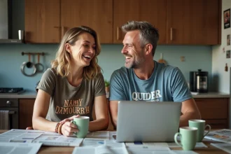 Couple souriant dans une cuisine cosy avec laptops et journaux