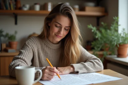 Jeune femme débutante résolvant un mot pour mot à une table en bois avec un crayon, dans un intérieur cosy