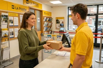 Femme déposant un colis retour au guichet d'un bureau La Poste avec un agent en uniforme jaune