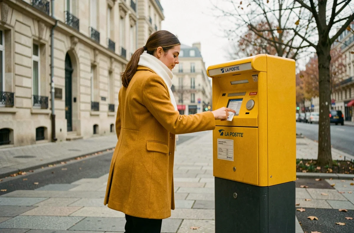Jeune femme déposant un colis retour dans une boîte aux lettres La Poste en milieu urbain
