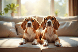 Deux beagles assis attentivement dans un salon ensoleille