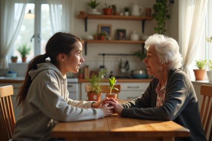 Jeune fille et grand-mère discutent intensément à table
