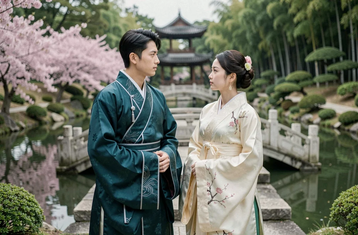Duo de personnages en tenue hanfu traditionnelle dans un jardin impérial, couple iconique de manhua romantique et fantastique