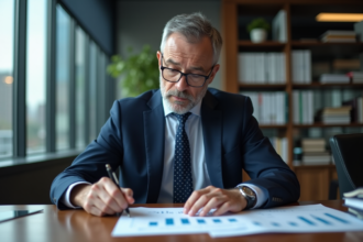 Economiste homme en costume analysant des graphiques économiques