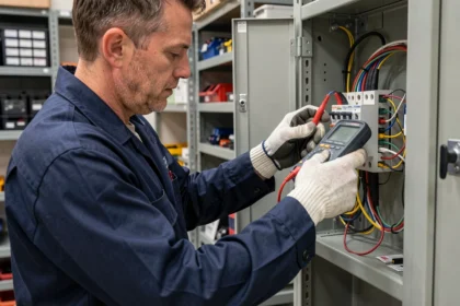 Électricien utilisant un multimètre numérique pour mesurer la tension sur un tableau électrique professionnel