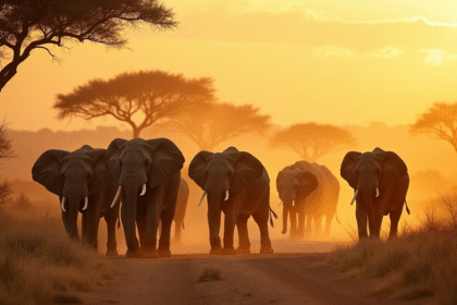Troupe d'elephants sauvages traversant la savane au lever du soleil