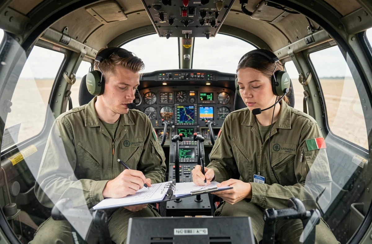 Deux élèves pilotes militaires en cockpit d'hélicoptère consultant une check-list lors d'un entraînement