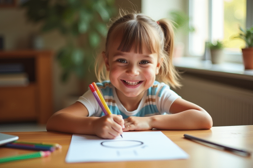 Jeune enfant souriant écrivant la lettre O avec des crayons colorés