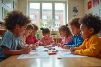 Groupe d'enfants en classe préparant une activité artistique