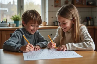 Deux enfants jouent à la bataille navale dans la cuisine chaleureuse
