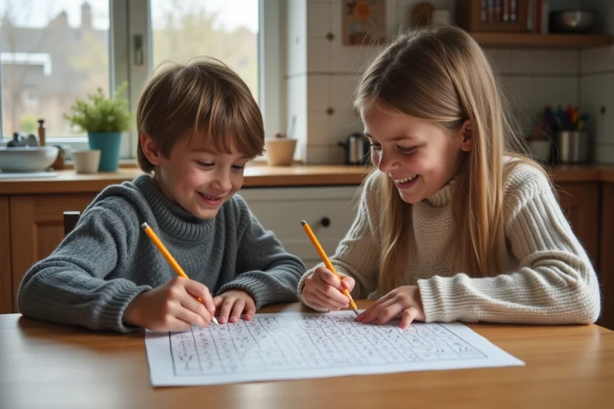 Deux enfants jouent à la bataille navale dans la cuisine chaleureuse