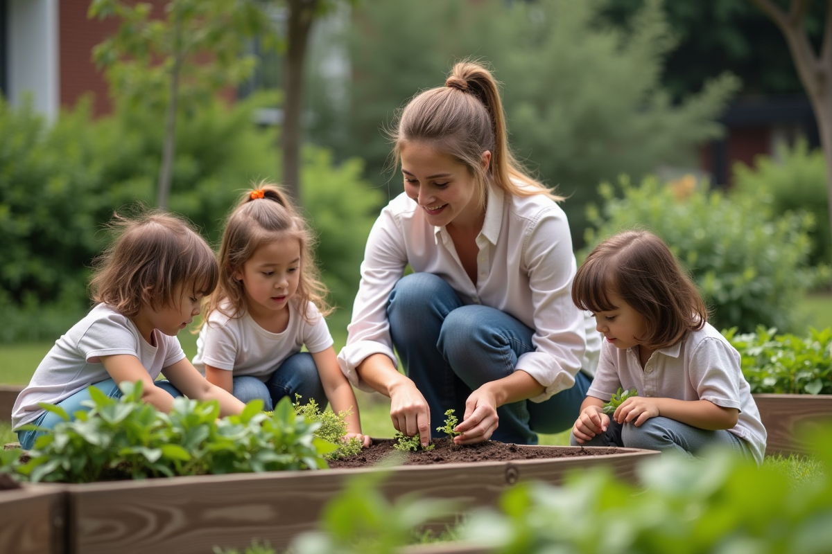 Enseignante guidant des enfants dans un jardin scolaire