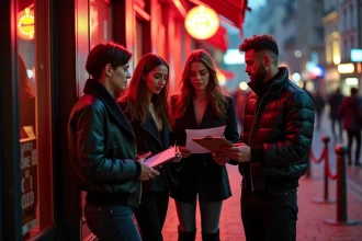 Groupe de jeunes adultes devant l'entrée d'un club à Lille avec un videur consultant la liste des invités