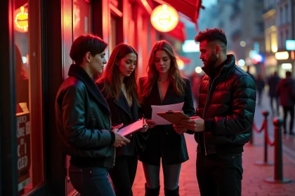 Groupe de jeunes adultes devant l'entrée d'un club à Lille avec un videur consultant la liste des invités