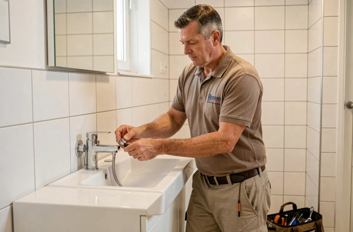 Artisan installateur de ETS Baumann Chauffage Sanitaire posant des équipements sanitaires dans une salle de bain moderne du Haut-Rhin
