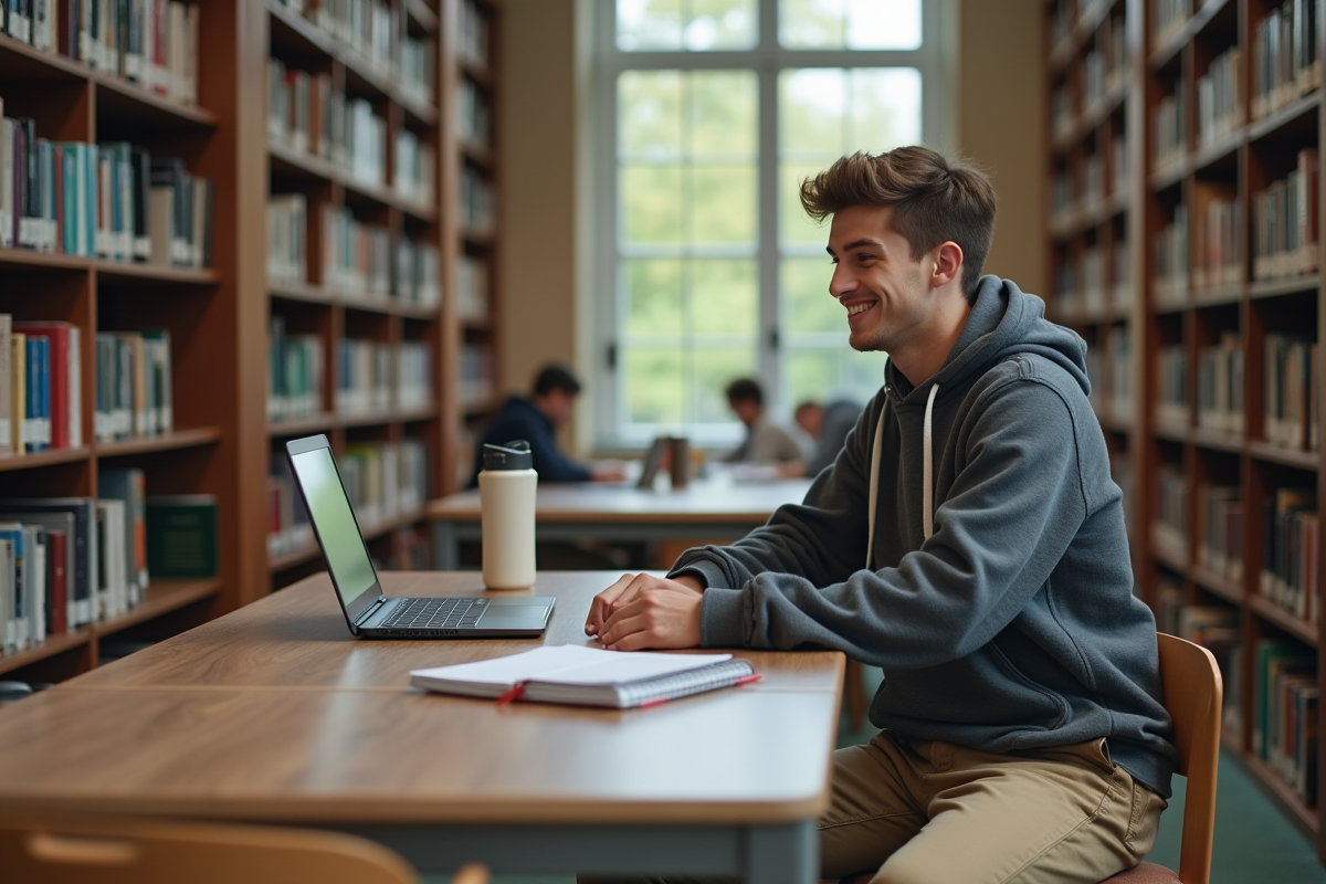 Étudiant masculin travaillant à une table de bibliothèque