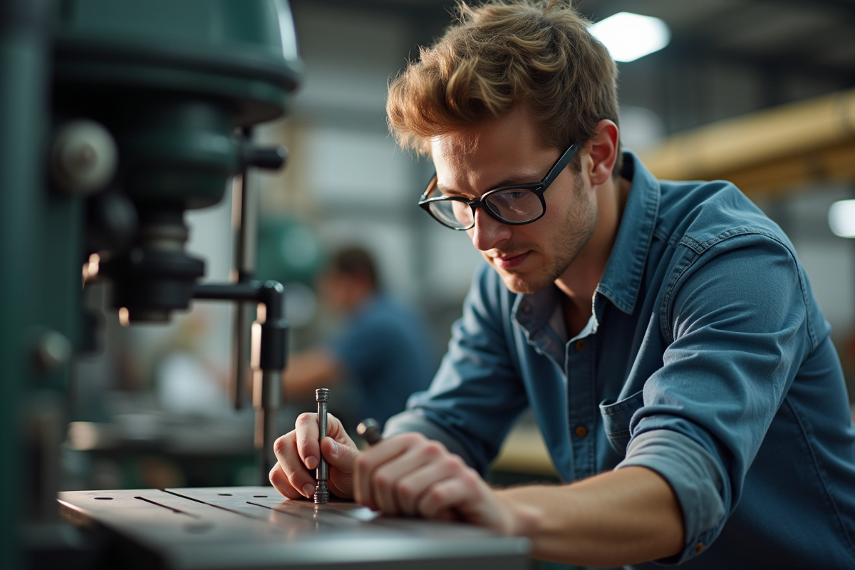 Etudiant portant des lunettes de sécurité utilisant une machine-outil