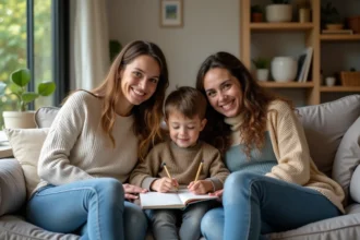 Famille diverse à la maison dessinant ensemble