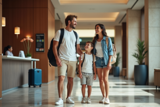 Famille souriante check-in à l'hôtel moderne
