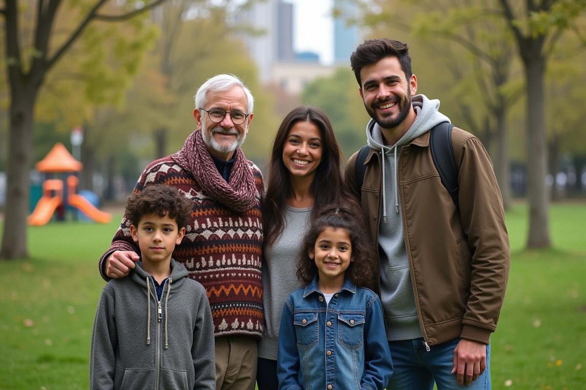 Famille élargie souriante dans un parc urbain