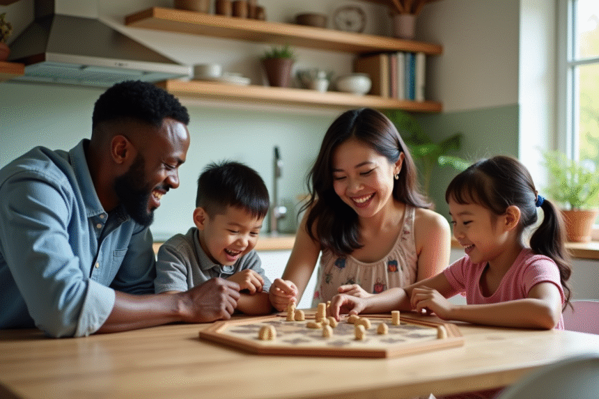 Famille multiculturelle jouant à un jeu de société dans la cuisine