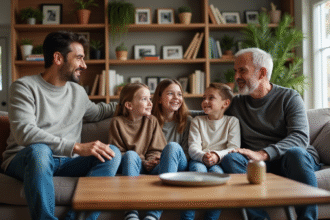Famille recomposée discutant dans un salon chaleureux