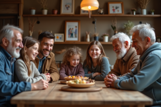 Famille multigenerational autour d'une table en bois chaleureux