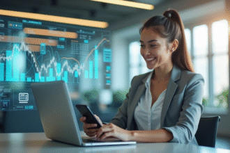 Jeune femme d'affaires confiante utilisant un ordinateur dans un bureau moderne avec graphiques financiers