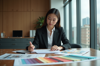 Jeune femme d affaires examine des rapports financiers et textiles