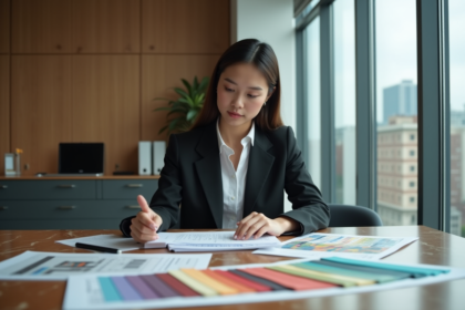 Jeune femme d affaires examine des rapports financiers et textiles