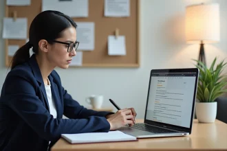 Femme analysant des avis clients sur un site web pour détecter des faux avis en 2026
