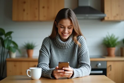 Femme consultant une application de bons plans et d'économies sur son smartphone dans une cuisine moderne