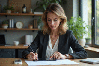 Femme d affaires dans un bureau moderne examine un document