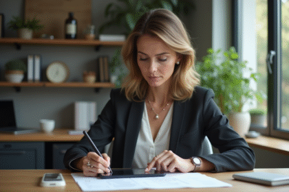 Femme d affaires dans un bureau moderne examine un document