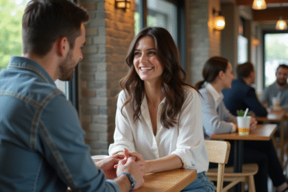 Femme souriante discutant dans un café moderne