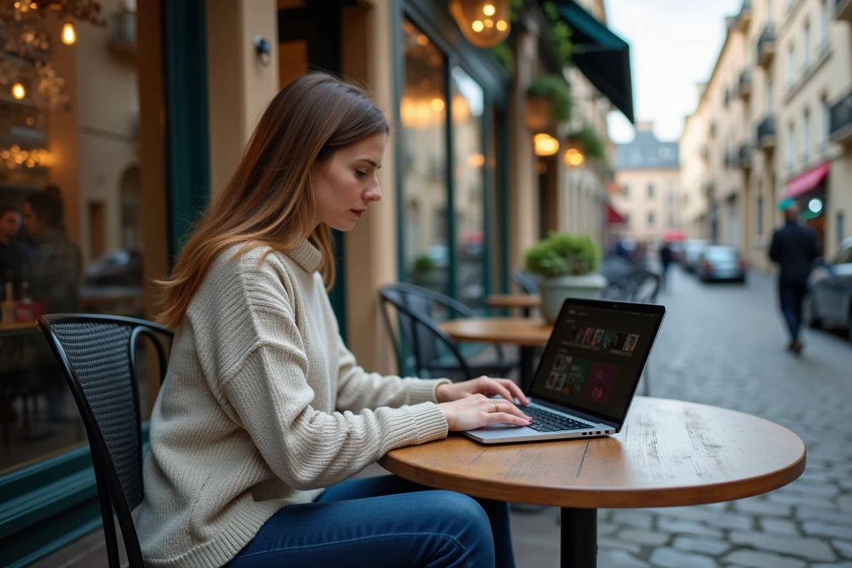 Femme analysant des loot tables de Dofus en terrasse de café