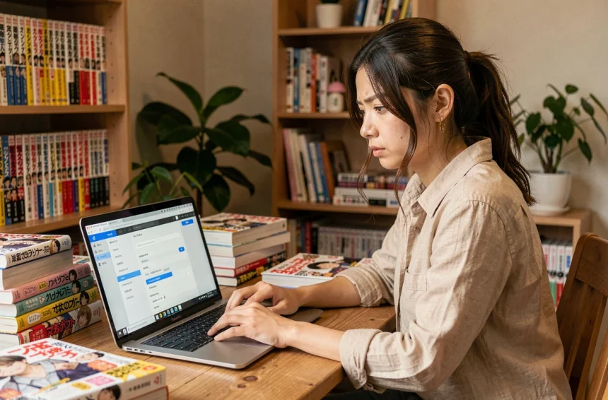 Jeune femme vérifiant ses paramètres de compte sur une plateforme manga en ligne, entourée de volumes manga et d'un ordinateur portable