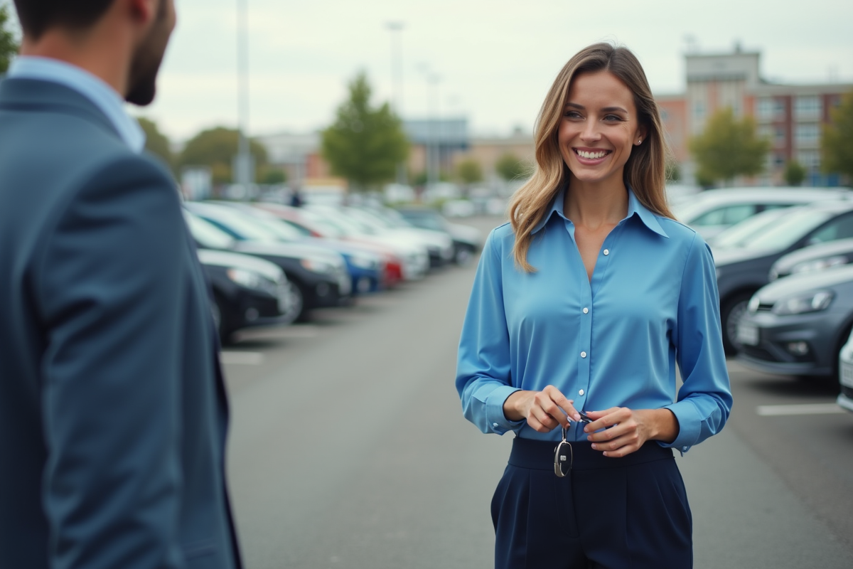 Conseillère automobile souriante remettant les clés à un client dehors