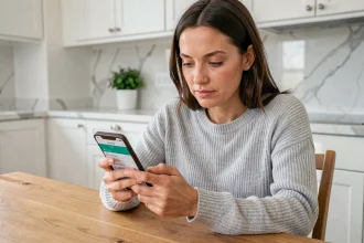 Femme consultant l'annuaire téléphonique 118 712 sur son smartphone dans une cuisine moderne