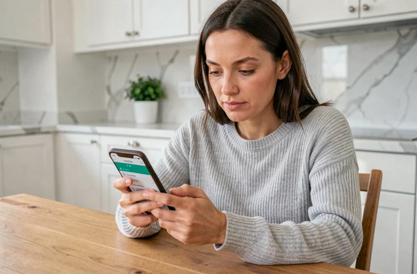 Femme consultant l'annuaire téléphonique 118 712 sur son smartphone dans une cuisine moderne