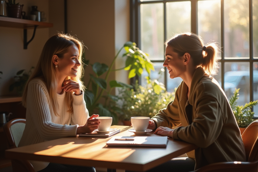 Jeune femme souriante en consultation dans un café lumineux