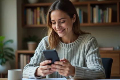 Femme contenant le service clients Sosh depuis son domicile pour changer d'offre mobile sur smartphone
