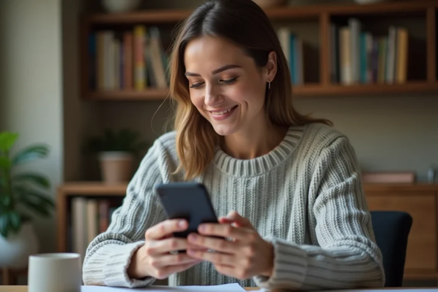 Femme contenant le service clients Sosh depuis son domicile pour changer d'offre mobile sur smartphone