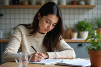Femme convertissant des mètres cubes en litres dans la cuisine