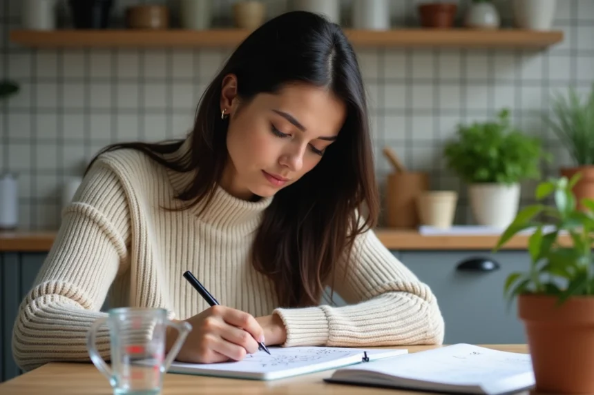 Femme convertissant des mètres cubes en litres dans la cuisine