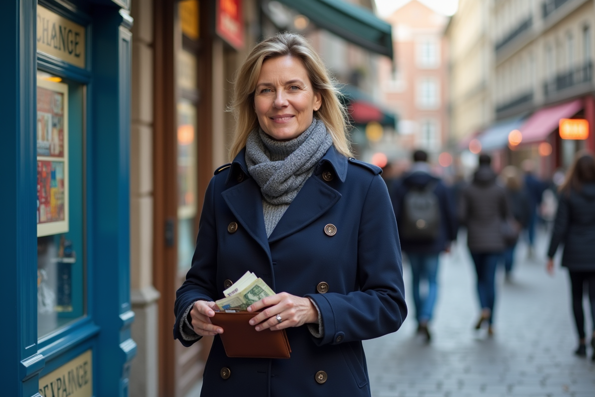 Femme échangeant de la monnaie dans une rue urbaine