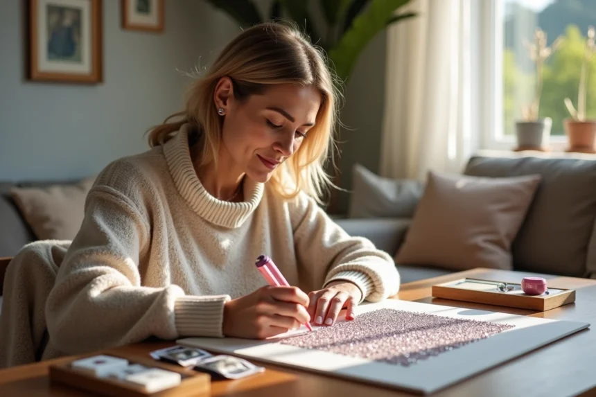 Femme d'âge moyen réalisant une peinture de diamants à la maison