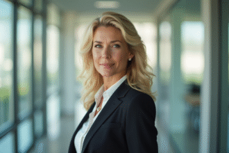 Femme élégante en bureau lumineux avec lumière naturelle