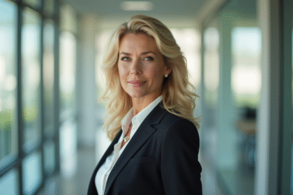 Femme élégante en bureau lumineux avec lumière naturelle