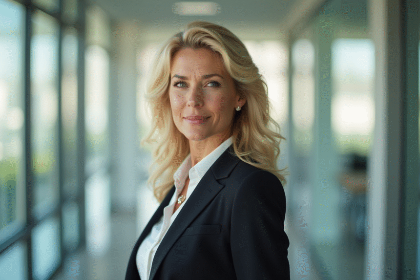 Femme élégante en bureau lumineux avec lumière naturelle